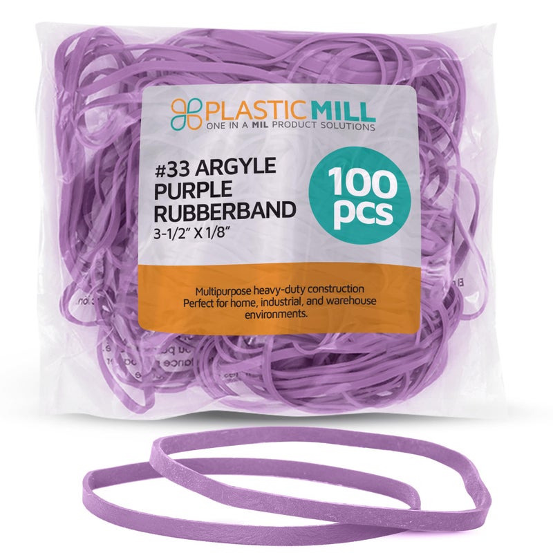PlasticMill Argyle Purple Rubber Bands Size 33 (3 1/2" x 1/8") - #33 Colored Rubber Bands Office Supplies - Strong, Elastic Bands for Crafts, Balloon Garland, Cash, File Folders (100-Pack) - Image 1